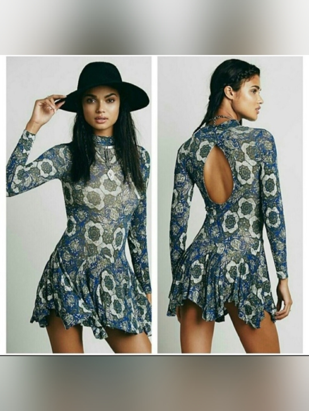 Free People Annabelle Printed Tunic Cut Out Open Back Skater Retro Dress Size S